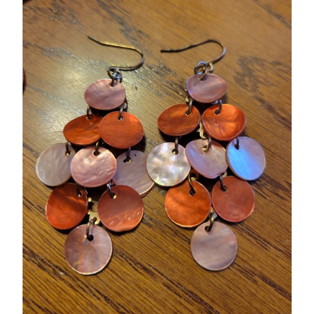 Boho‎ Capiz Shell Necklace Earrings Set Copper Peach Pink Disc Beaded 18
